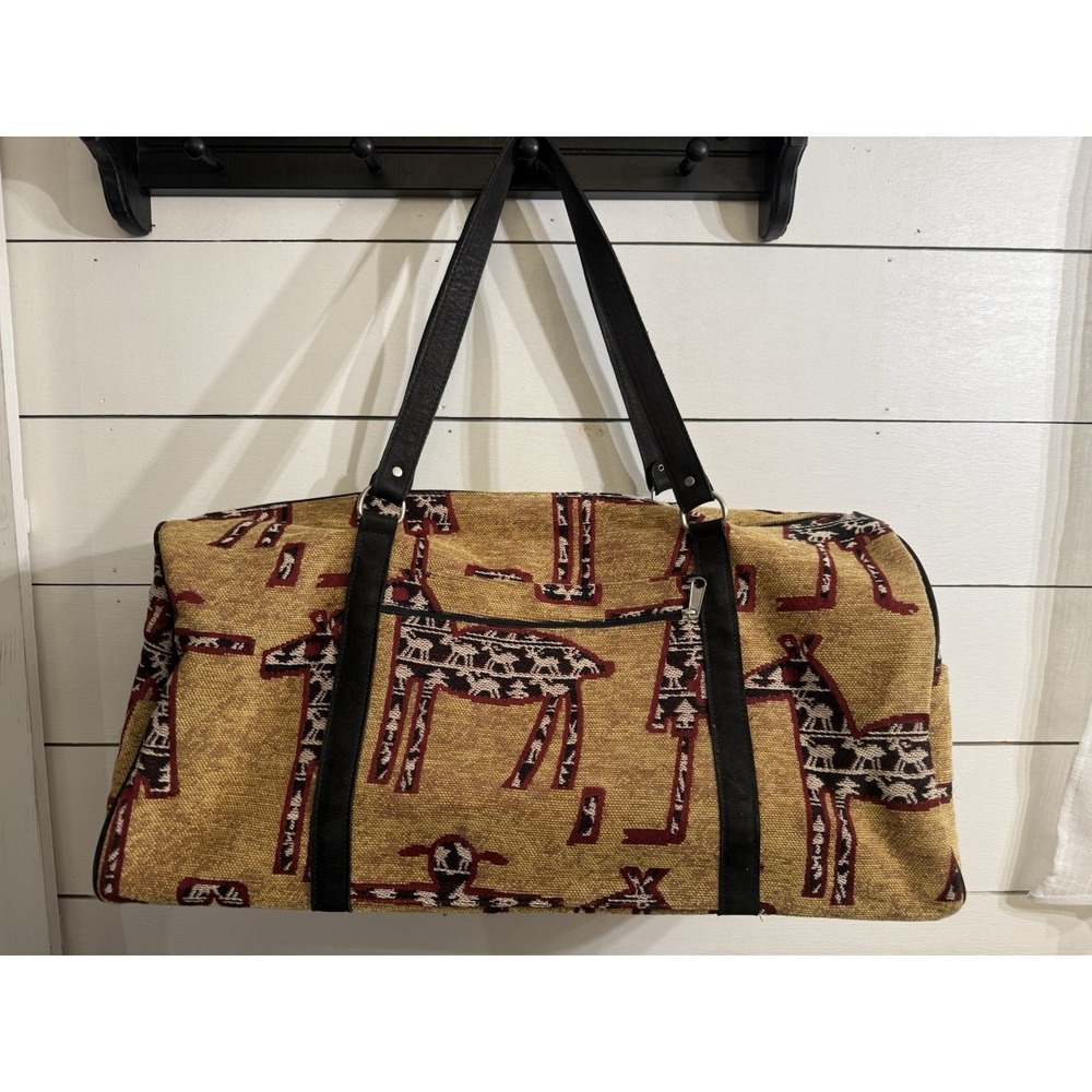 VTG Navasota Tapestry Travel Bag Leather Accents Heritage Style Animal Print